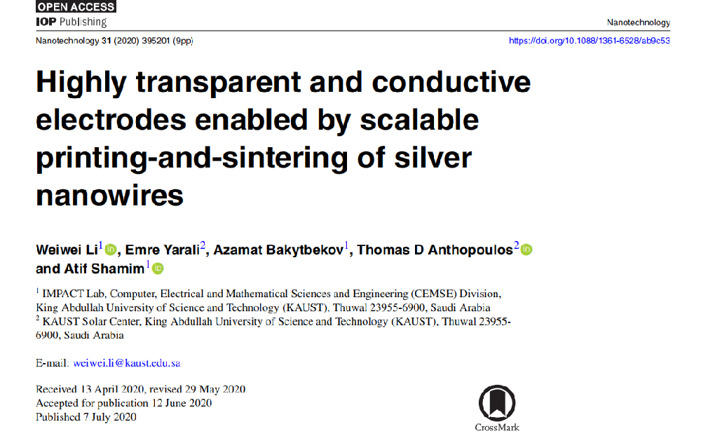 《Nanotechnology》：通過可擴展的銀納米線印刷和燒結(jié)實現(xiàn)高度透明和導電電極