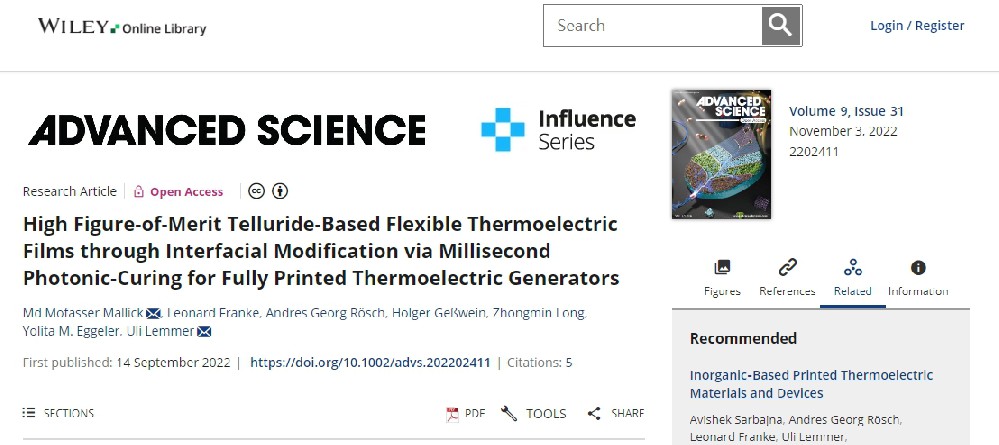 《Advanced Science》：通過毫秒光子燒結界面改性制備高品質因數(shù)碲化物基柔性熱電薄膜，用于全印刷熱電發(fā)電機（IF=15.17）